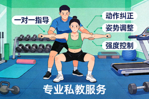 私人健身教练进行一对一指导的服务场景示意图