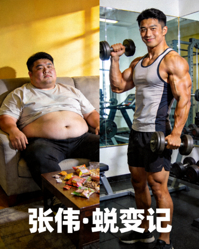 用户'张伟'从肥胖到健美的身材对比照片，充满正能量